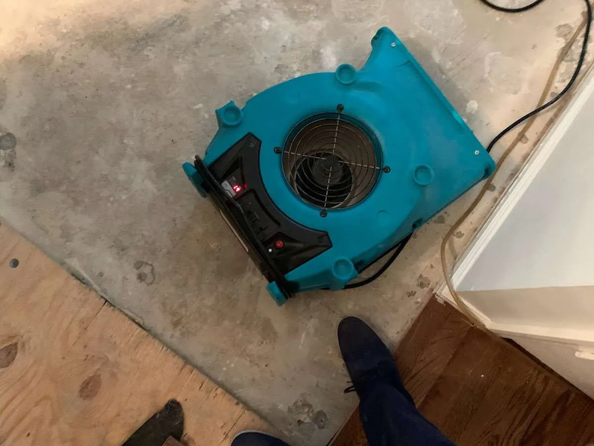 Air mover drying subfloor during Commercial Water Damage Restoration in Seward